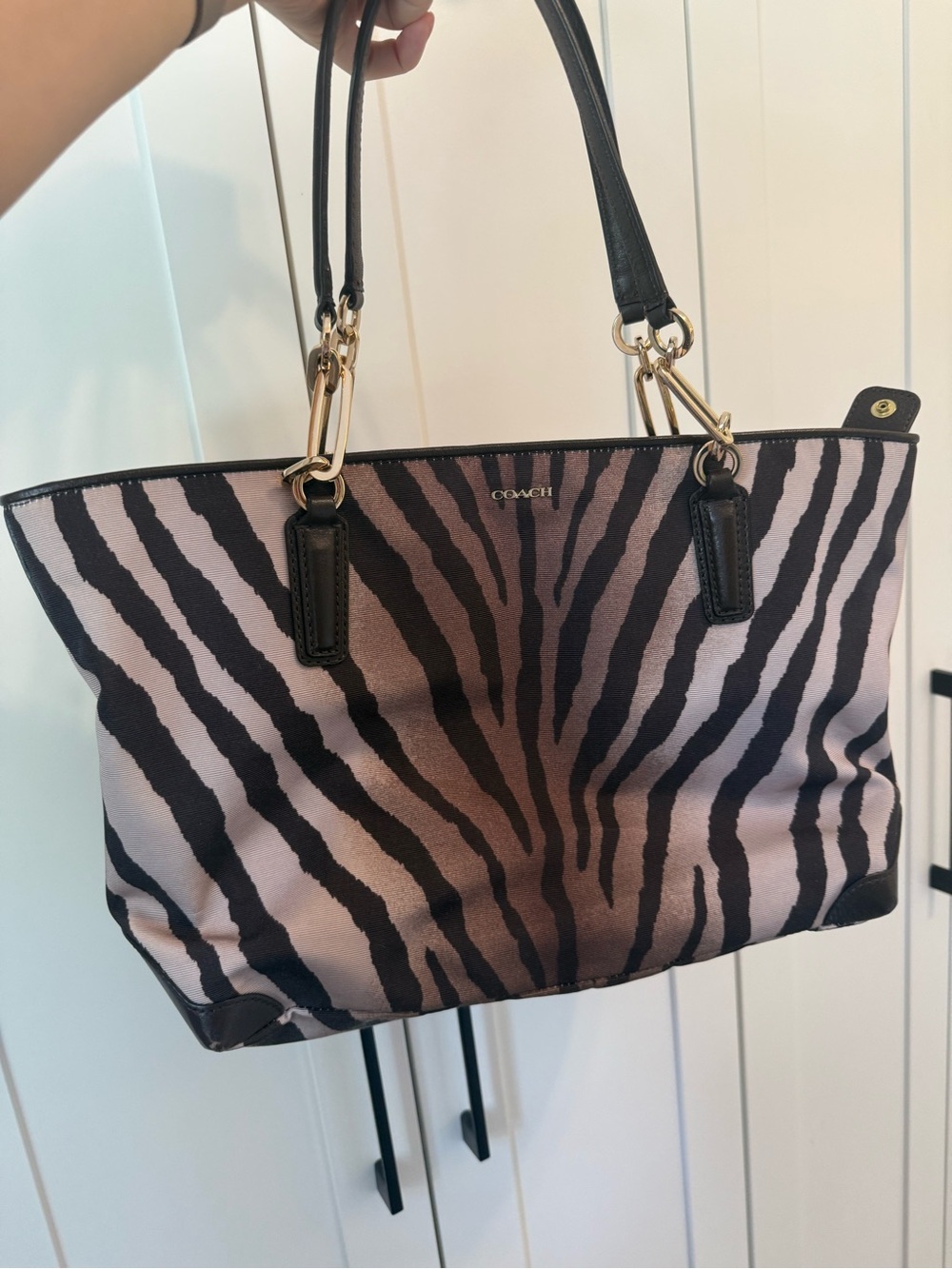 Coach Madison East/West Zebra Print Tote Bag in Black and Brown